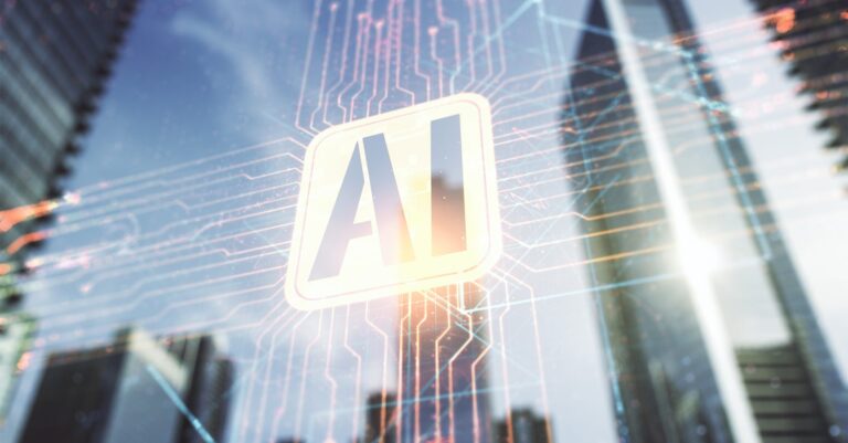 double-exposure-creative-artificial-intelligence-icon-modern-skyscrapers-background-neural-networks-machine-learning-concept